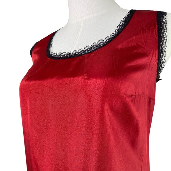 Vintage 60s Whimsigoth Silky Red Taffeta Black Lace Full Slip Dress Women Size M - Picture 4 of 9